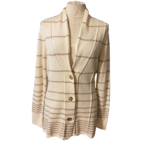 Banana Republic Cardigan Sweater Cream Brown M Medium Stripe Wool Cashmere Touch